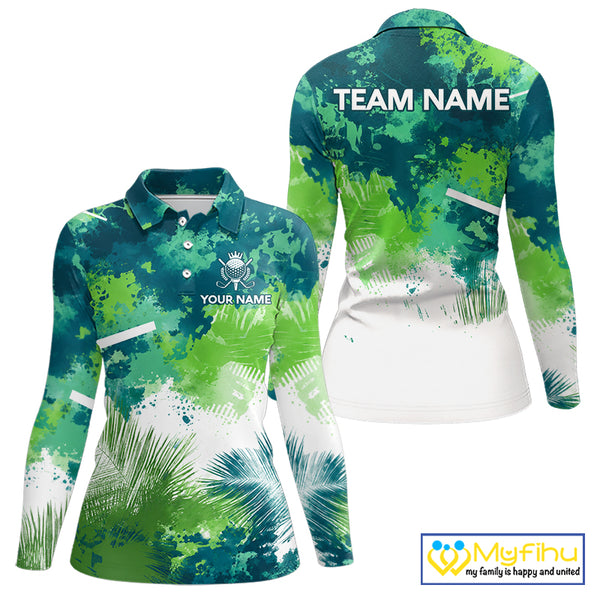 Green Tropical Splash Custom Womens Golf Polo Shirt – Personalized Team Name Performance Polo Tee For Womens NHT894