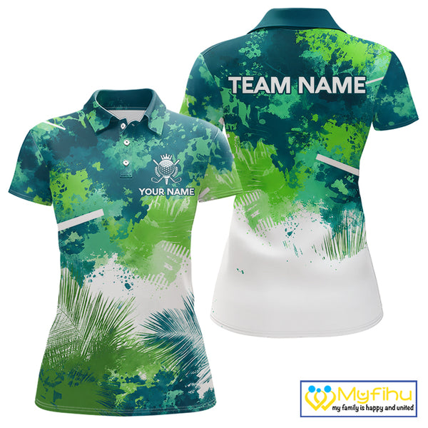 Green Tropical Splash Custom Womens Golf Polo Shirt – Personalized Team Name Performance Polo Tee For Womens NHT894