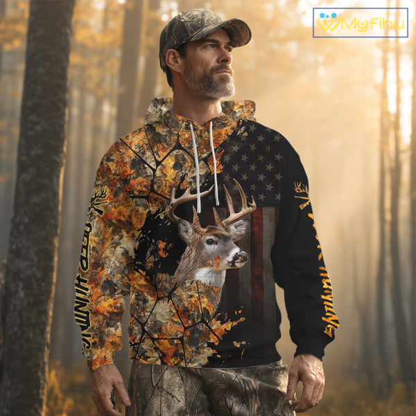 Deer Hunting Shirt US Flag 3D All Over Print Orange Black, Custom Name Personalized Gift NHT296