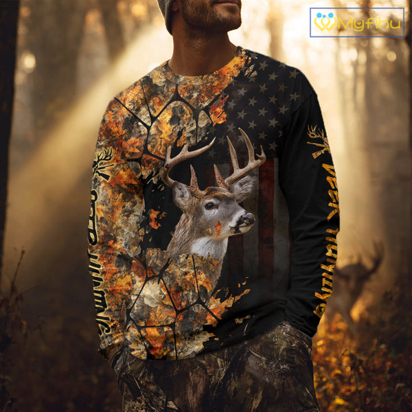Deer Hunting Shirt US Flag 3D All Over Print Orange Black, Custom Name Personalized Gift NHT296