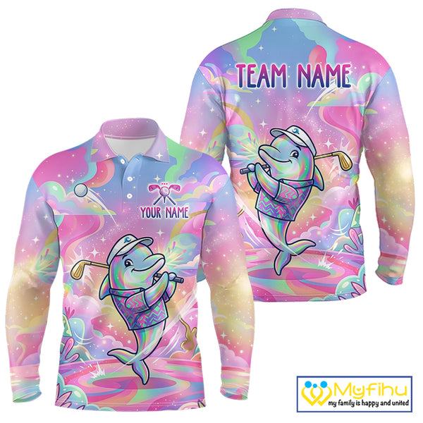 Funny Pastel Dolphin Mens Golf Polo Shirt Custom Ocean Golf Shirt, Polo Gift For Golf Lovers NHT897