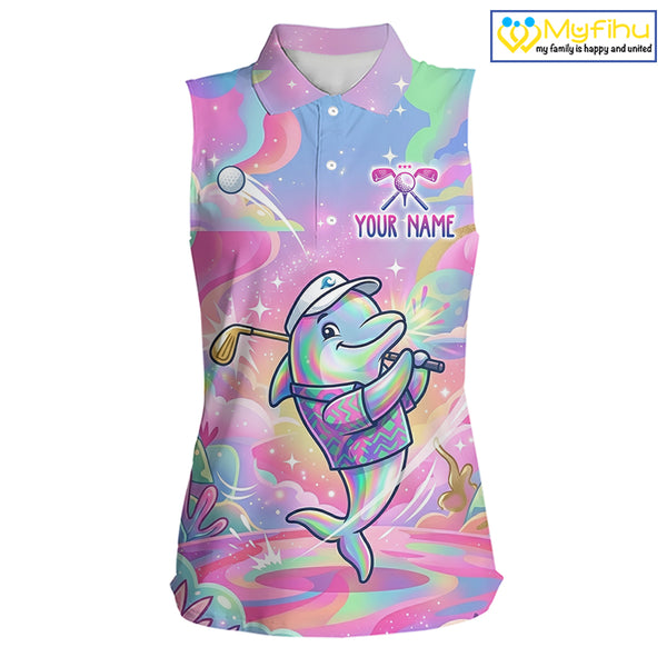 Funny Pastel Dolphin Womens Sleeveless Golf Polo Shirt Custom Ocean Golf Shirt, Polo Gift For Golf Lovers NHT897