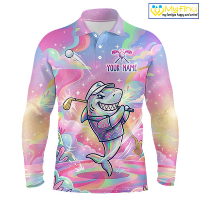 Funny Pastel Shark Mens Golf Polo Shirt Custom Ocean Golf Shirt, Polo Gift For Golf Lovers NHT898
