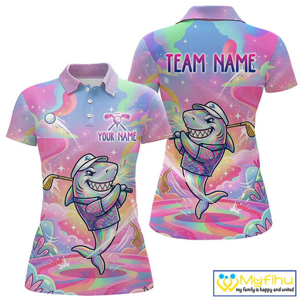 Funny Pastel Shark Womens Golf Polo Shirt Custom Ocean Golf Shirt, Polo Gift For Golf Lovers NHT898