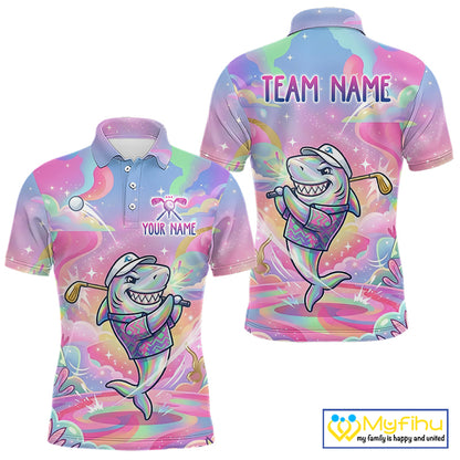 Funny Pastel Shark Mens Golf Polo Shirt Custom Ocean Golf Shirt, Polo Gift For Golf Lovers NHT898