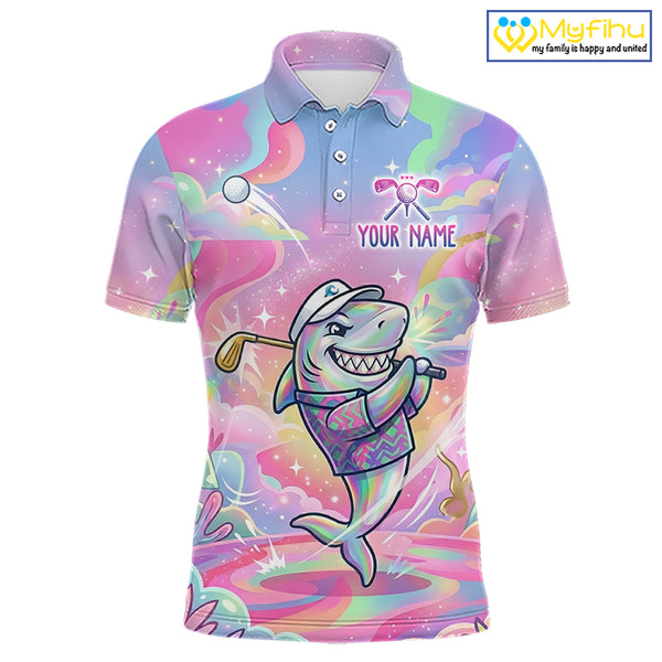 Funny Pastel Shark Mens Golf Polo Shirt Custom Ocean Golf Shirt, Polo Gift For Golf Lovers NHT898