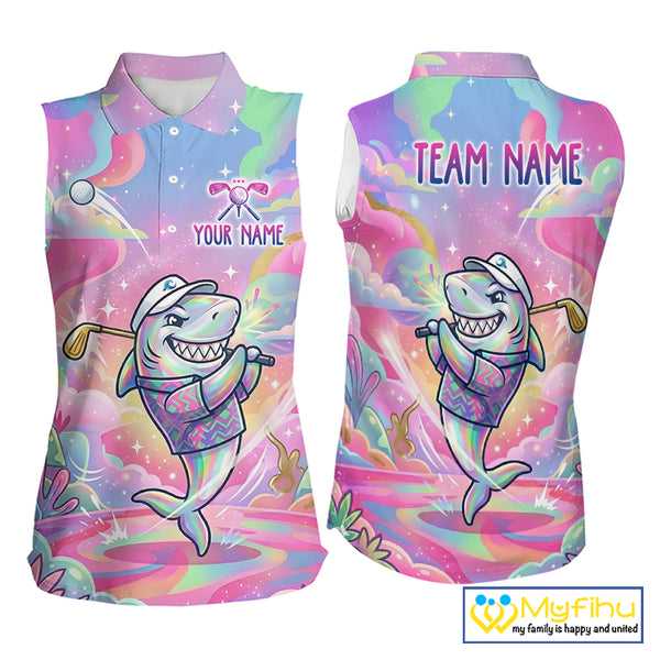 Funny Pastel Shark Womens Sleeveless Golf Polo Shirt Custom Ocean Golf Shirt, Polo Gift For Golf Lovers NHT898