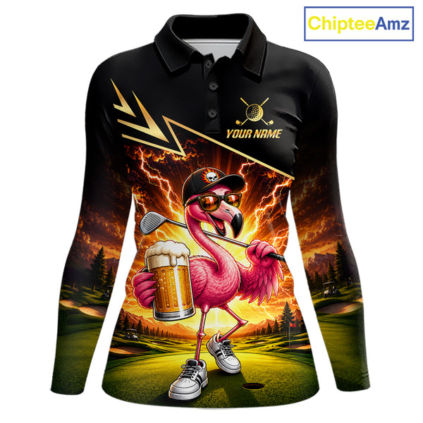 Funny Flamingo Womens Golf Polo Shirts Custom Golf And Beer Golf Apparel For Golfer NHT900