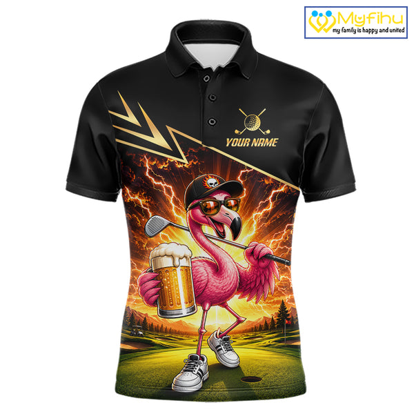 Funny Flamingo Mens Golf Polo Shirts Custom Golf And Beer Golf Apparel For Golfer NHT900