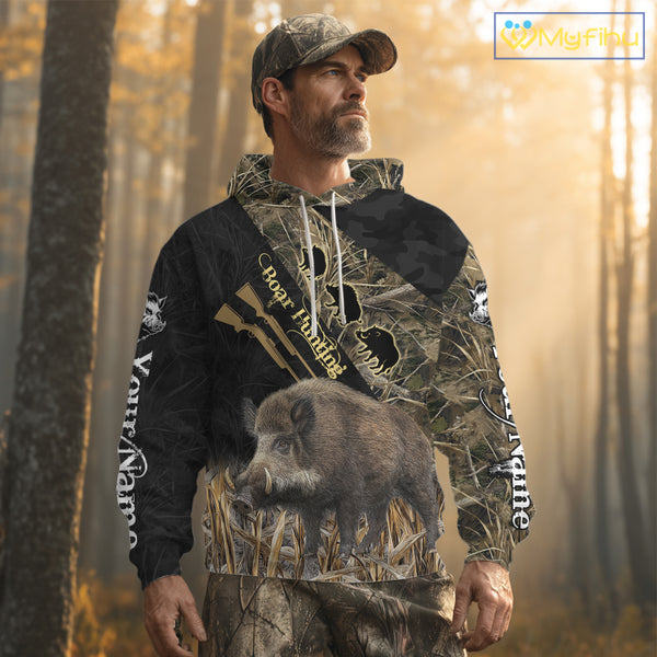Best Wild Boar Hunting Black Camo 3D Shirt For Hunting Season Hunting Clothes For Hunters NHT121