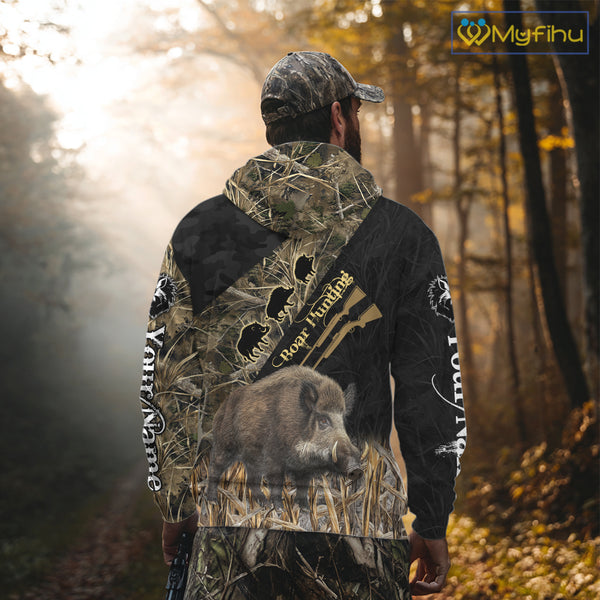 Best Wild Boar Hunting Black Camo 3D Shirt For Hunting Season Hunting Clothes For Hunters NHT121