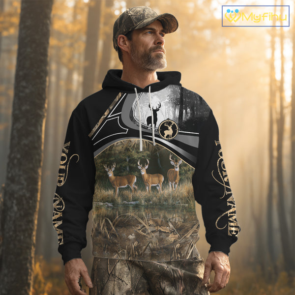 Personalized Whitetail Deer Hunting 3D All Over Printed Hoodie Brown Camouflage, Hunting Gift NHT366
