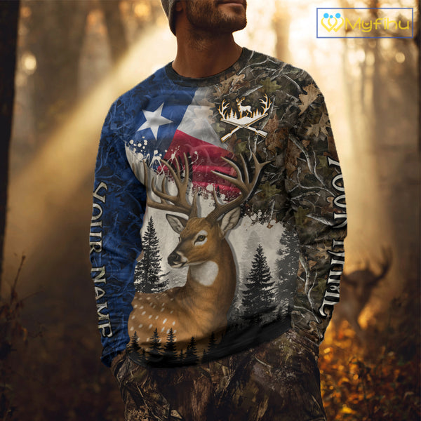 Best Custom Deer Hunting Shirt 3D Camo with Texas Flag & Big Buck Personalized Hunting Gifts NHT34