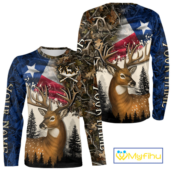 Best Custom Deer Hunting Shirt 3D Camo with Texas Flag & Big Buck Personalized Hunting Gifts NHT34