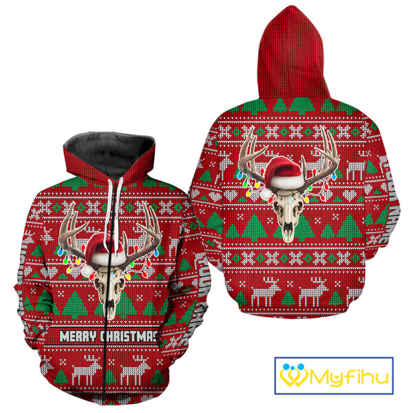 Funny Ugly Sweater Pattern Skull Deer Hunting Custom All Over Print Shirts NHT302