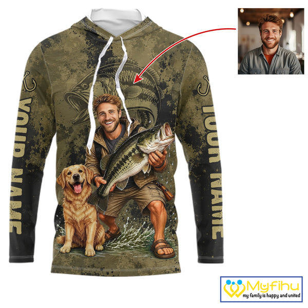 Custom Father's Day Bass Hooded Fishing Shirt With Face, Personalized Custom Photo Funny Fishing Shirt|Dark NHT916
