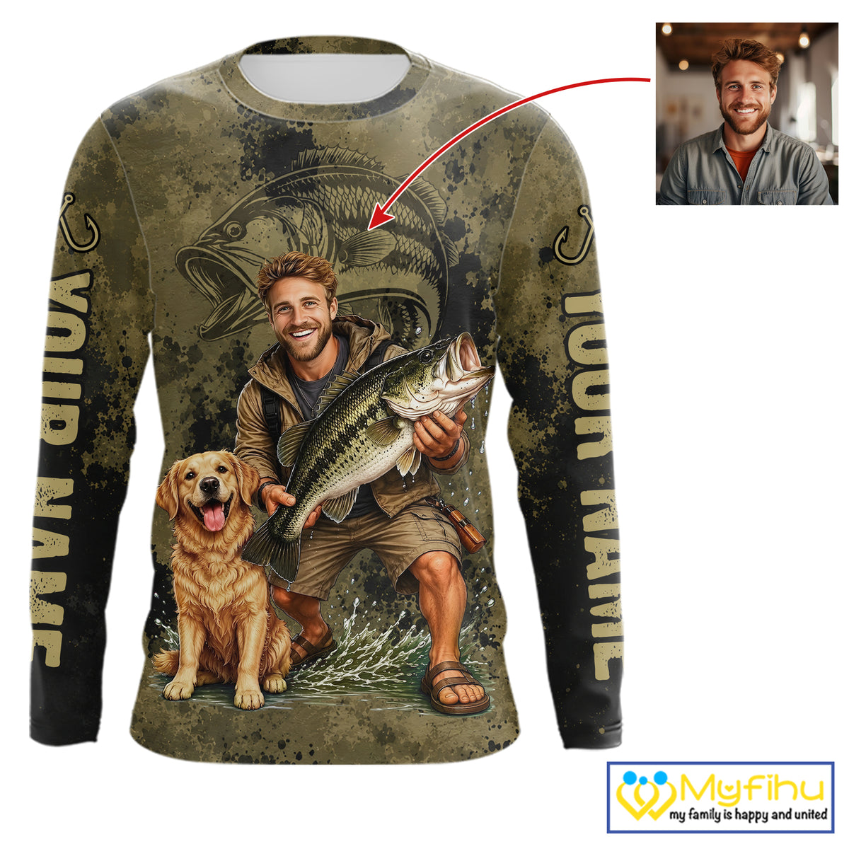 Custom Father's Day Bass Fishing Shirts With Face, Personalized Custom Photo Funny Fishing Shirt|Dark NHT916