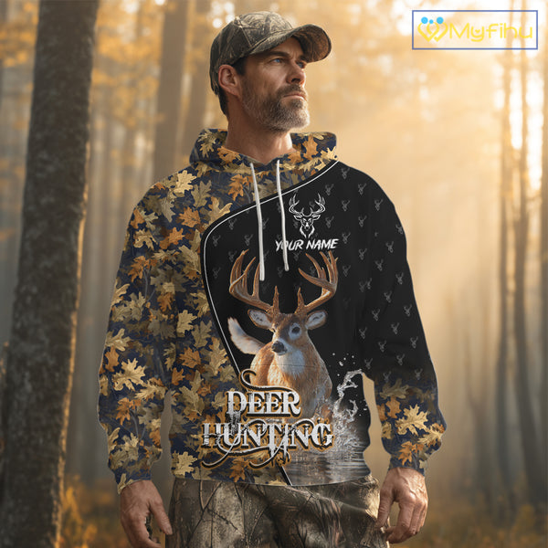 Whitetail Deer Hunting Clothes Custom Name Beautiful Autumn Leaves Camo Hunting Gifts NHT42
