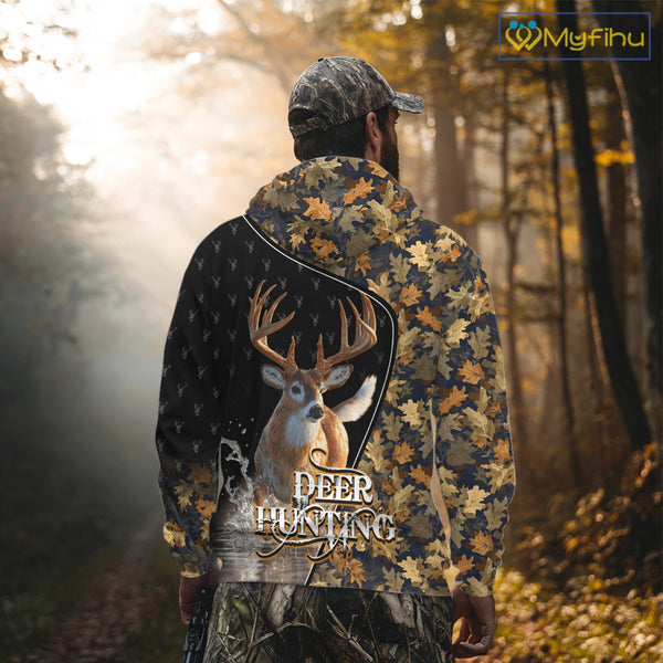 Whitetail Deer Hunting Clothes Custom Name Beautiful Autumn Leaves Camo Hunting Gifts NHT42