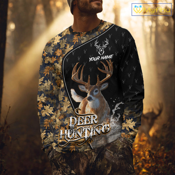 Whitetail Deer Hunting Clothes Custom Name Beautiful Autumn Leaves Camo Hunting Gifts NHT42