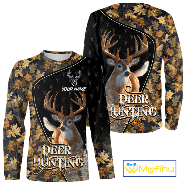Whitetail Deer Hunting Clothes Custom Name Beautiful Autumn Leaves Camo Hunting Gifts NHT42