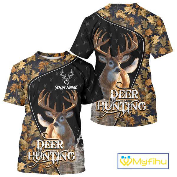 Whitetail Deer Hunting Clothes Custom Name Beautiful Autumn Leaves Camo Hunting Gifts NHT42