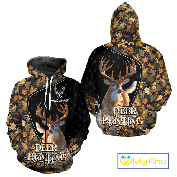 Whitetail Deer Hunting Clothes Custom Name Beautiful Autumn Leaves Camo Hunting Gifts NHT42