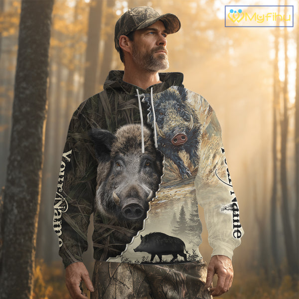 Brown Camo Wild Hog Hunting 3D All Over Print Shirts Custom Name, Boar Hunting Shirt NHT148