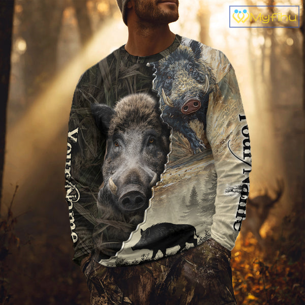 Brown Camo Wild Hog Hunting 3D All Over Print Shirts Custom Name, Boar Hunting Shirt NHT148