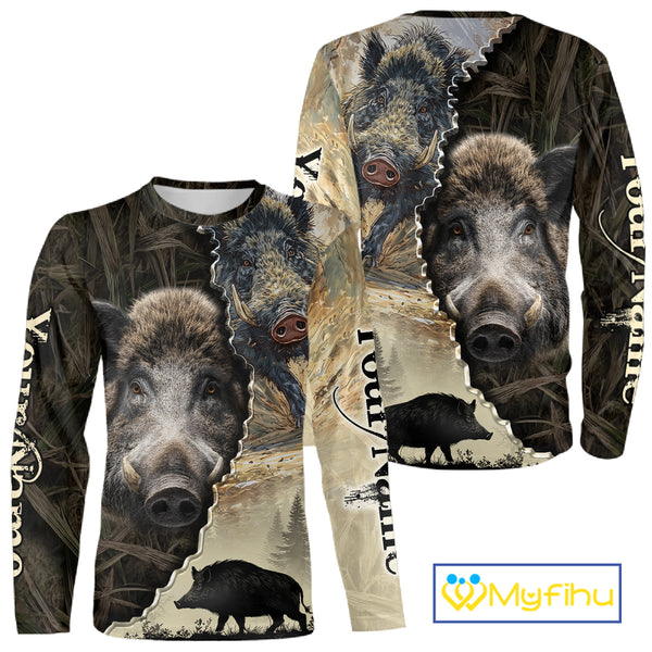 Brown Camo Wild Hog Hunting 3D All Over Print Shirts Custom Name, Boar Hunting Shirt NHT148