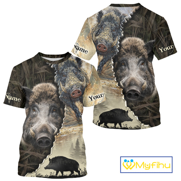 Brown Camo Wild Hog Hunting 3D All Over Print Shirts Custom Name, Boar Hunting Shirt NHT148