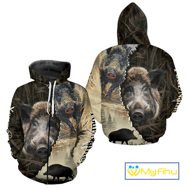 Brown Camo Wild Hog Hunting 3D All Over Print Shirts Custom Name, Boar Hunting Shirt NHT148