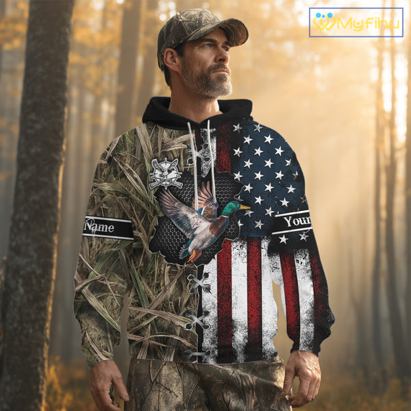 Mallard Duck Hunting Waterfowl Camo with US Flag Custom Name Hunting Gift NHT154