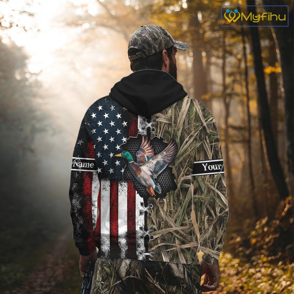 Mallard Duck Hunting Waterfowl Camo with US Flag Custom Name Hunting Gift NHT154