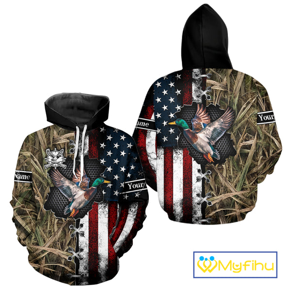 Mallard Duck Hunting Waterfowl Camo with US Flag Custom Name Hunting Gift NHT154