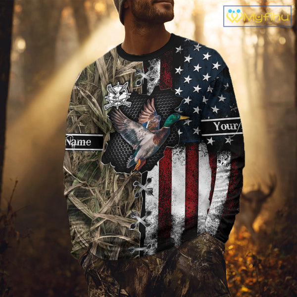 Mallard Duck Hunting Waterfowl Camo with US Flag Custom Name Hunting Gift NHT154