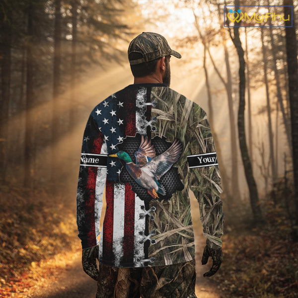 Mallard Duck Hunting Waterfowl Camo with US Flag Custom Name Hunting Gift NHT154