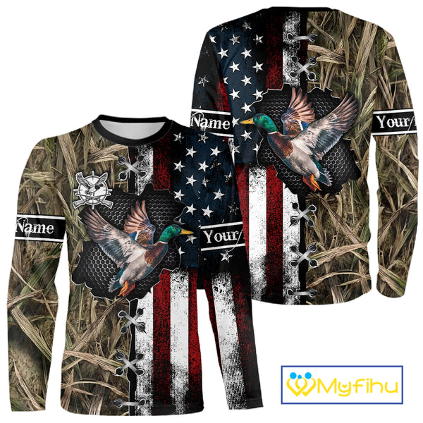 Mallard Duck Hunting Waterfowl Camo with US Flag Custom Name Hunting Gift NHT154
