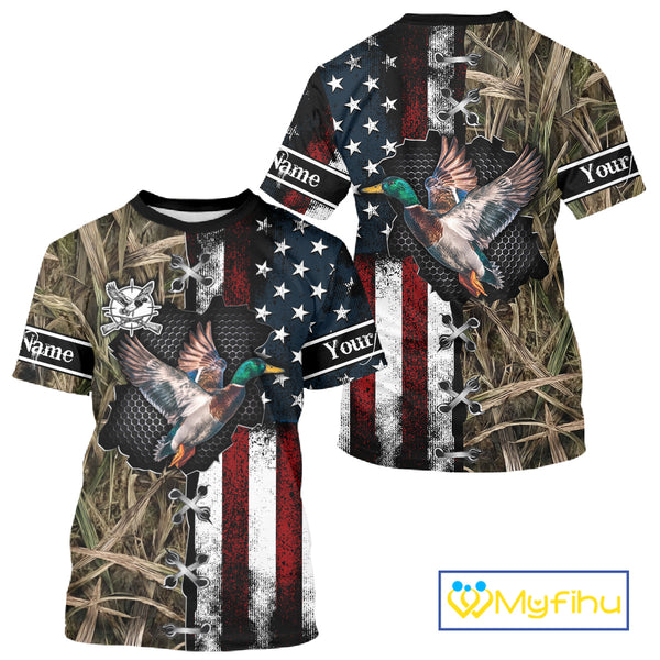 Mallard Duck Hunting Waterfowl Camo with US Flag Custom Name Hunting Gift NHT154