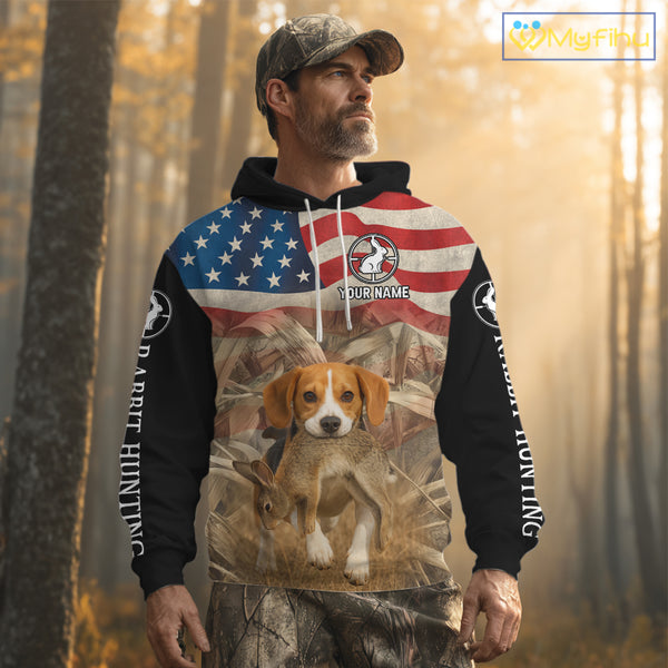 Personalized Rabbit Hunting Shirt 3D All Over Print with Beagle Dog and US Flag Hunting Gift NHT157