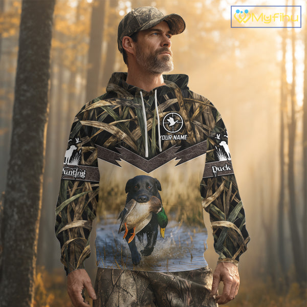 Mallard Duck Waterfowl Hunting Shirt Camo Personalized With Black Lab Dog, Hunting Shirts NHT167