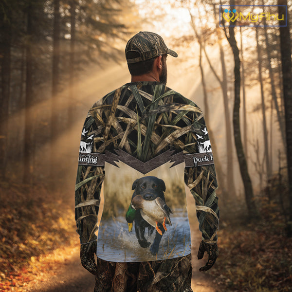 Mallard Duck Waterfowl Hunting Shirt Camo Personalized With Black Lab Dog, Hunting Shirts NHT167