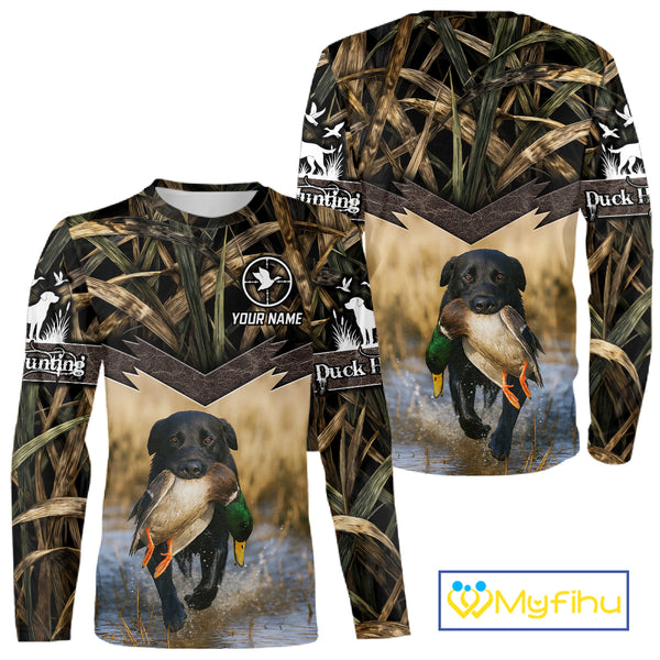 Mallard Duck Waterfowl Hunting Shirt Camo Personalized With Black Lab Dog, Hunting Shirts NHT167