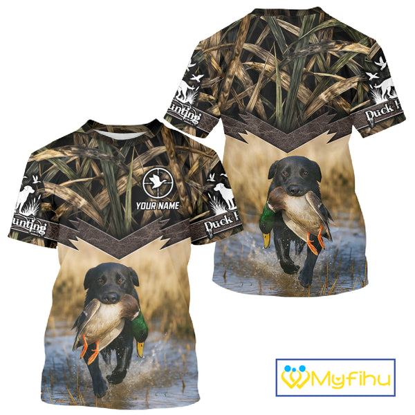 Mallard Duck Waterfowl Hunting Shirt Camo Personalized With Black Lab Dog, Hunting Shirts NHT167
