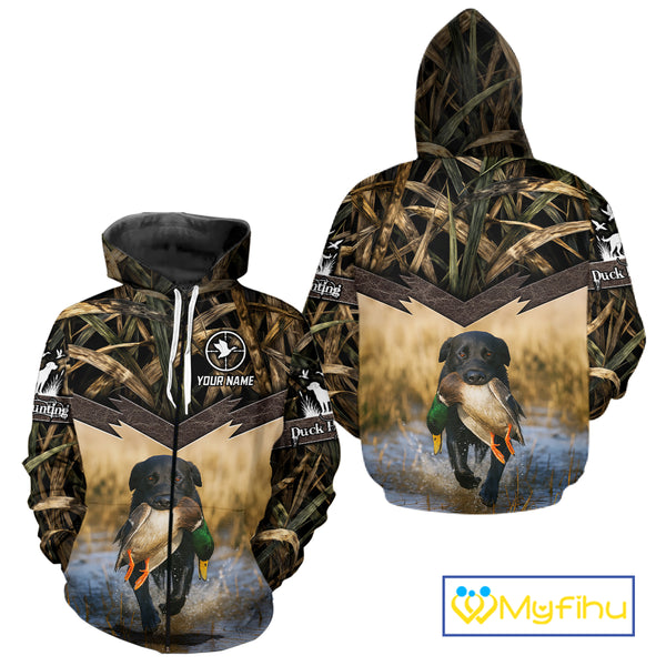 Mallard Duck Waterfowl Hunting Shirt Camo Personalized With Black Lab Dog, Hunting Shirts NHT167