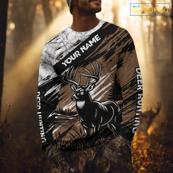 Deer Hunting Shirt 3D All Over Print Brown Black Gray Camo Deer With TX Flag Season NHT65