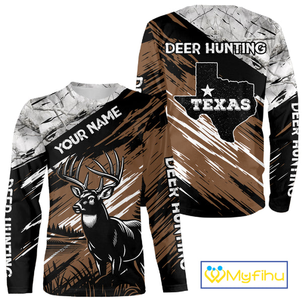 Deer Hunting Shirt 3D All Over Print Brown Black Gray Camo Deer With TX Flag Season NHT65