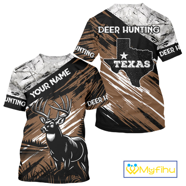 Deer Hunting Shirt 3D All Over Print Brown Black Gray Camo Deer With TX Flag Season NHT65
