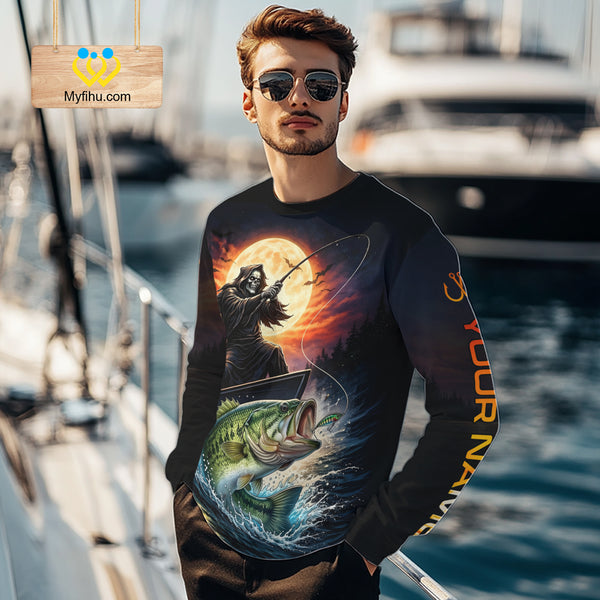 Personalized Fish Reaper Fishing Shirts Jerseys, Fish Reaper Sunset Bass Fishing Shirts Long Sleeve NHT829