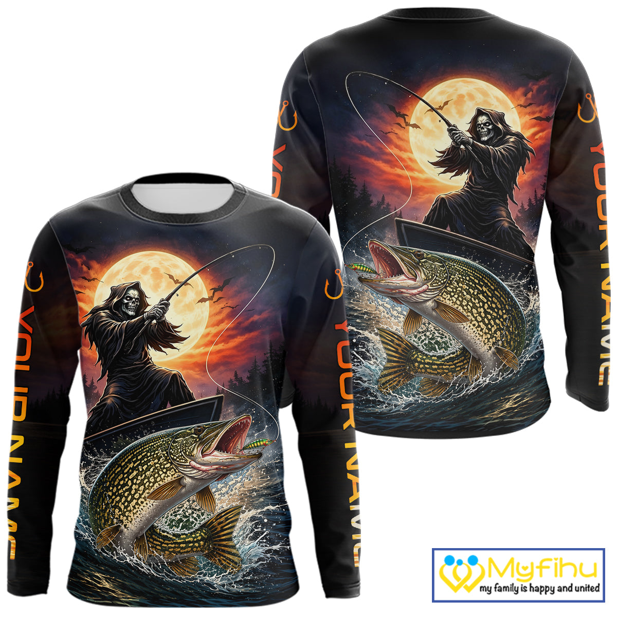Personalized Fish Reaper Fishing Shirts Jerseys, Fish Reaper Sunset Pike Fishing Shirts Long Sleeve NHT830
